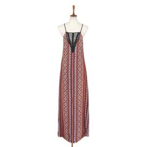 ASTR The Label Size M Boho-Inspired Maxi Dress Crochet Front Striped Geometric